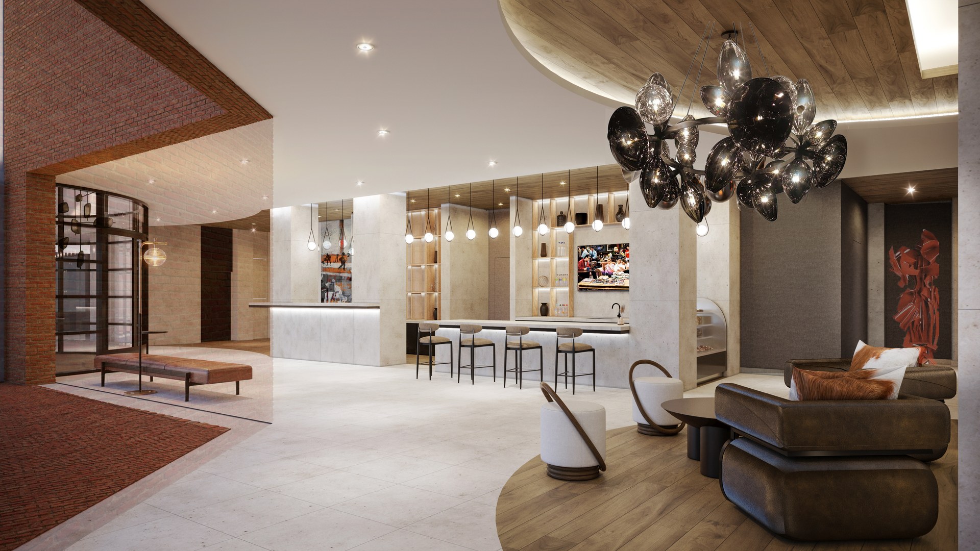 A rendering of mixed materials and fun designs in the ground level lobby