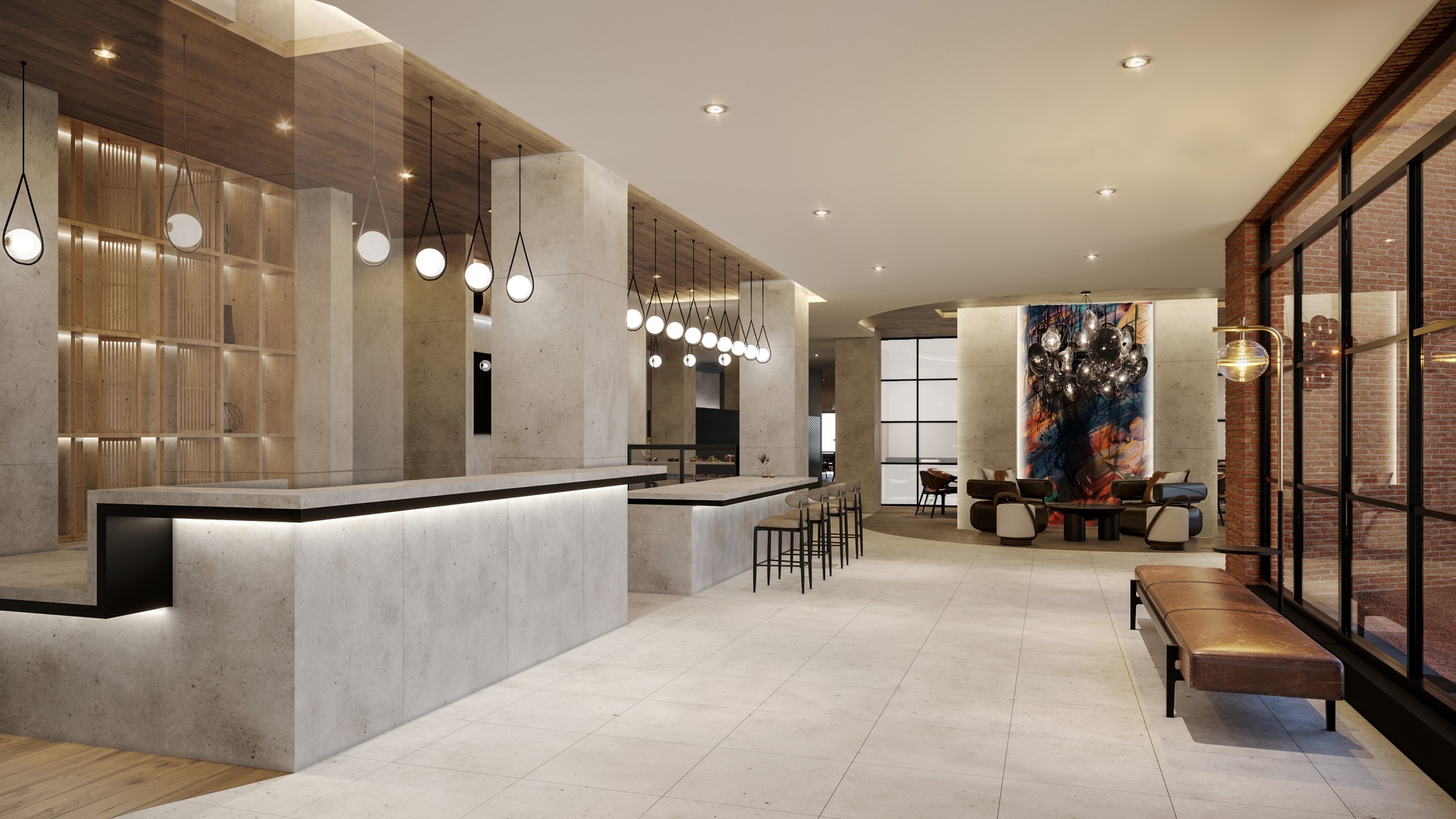 A rendering of the ground-level concierge and bar area with clean lines and modern décor