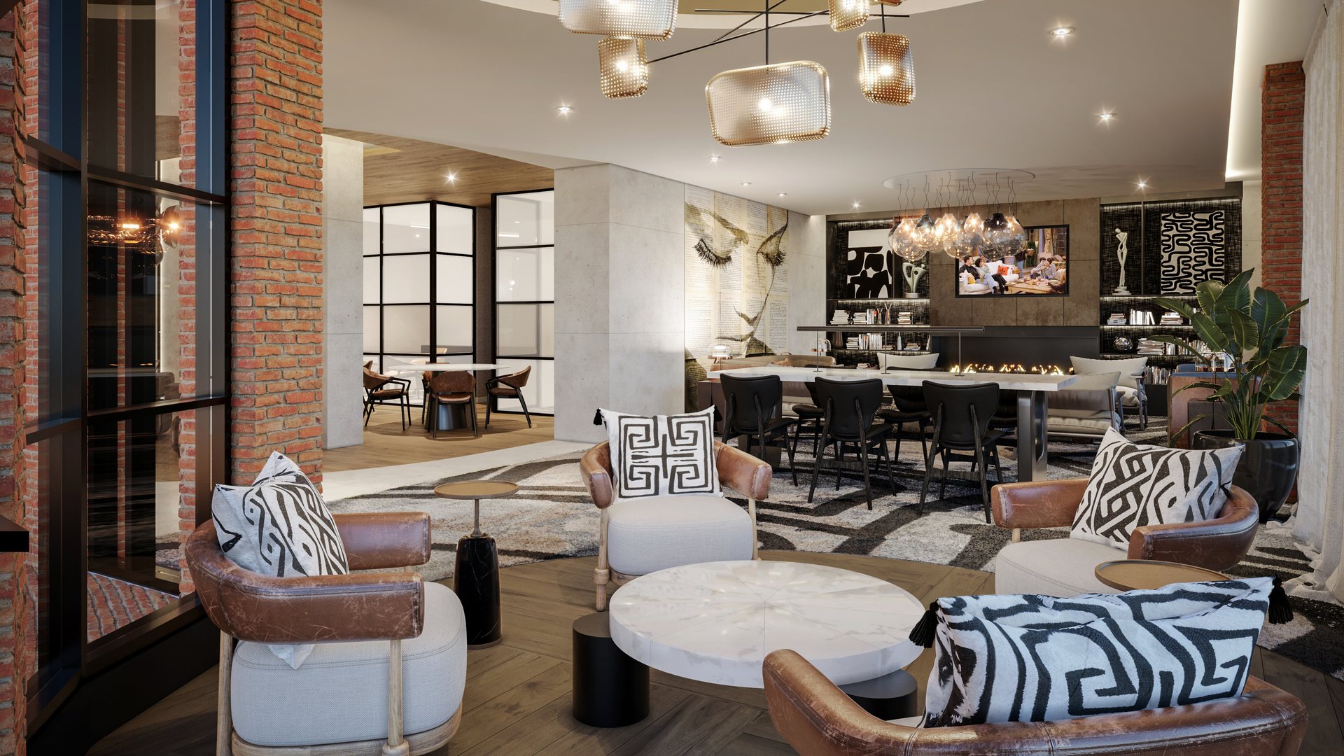 A high-design ground floor lounge with a fire, library shelves and versatile seating