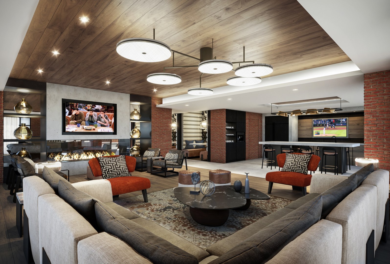 A club room with booths, bar stools and couch seating around a central fireplace and large screen TV