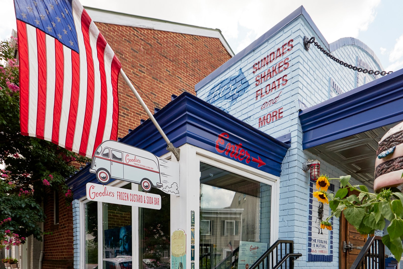 The outside of Goodies, a walk-up frozen custard and soda bar housed in an old ice house