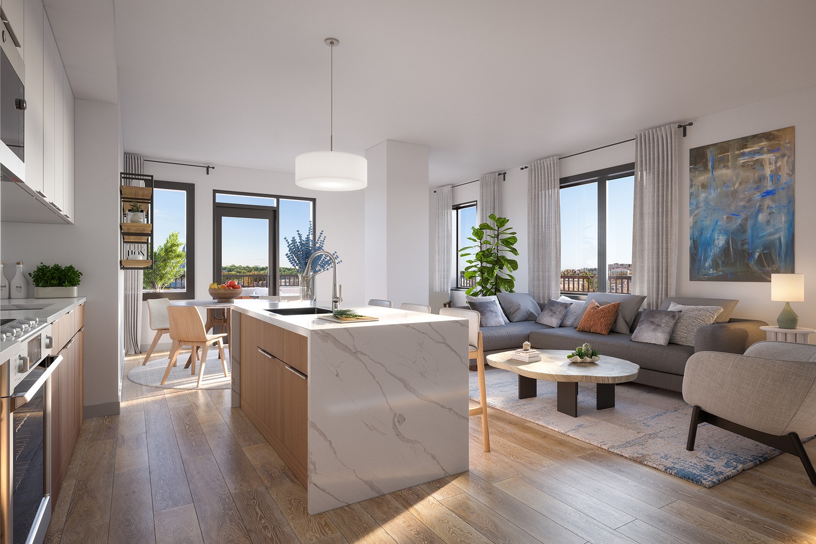 A white rendering of a luxury apartment with high ceilings and upscale finishes