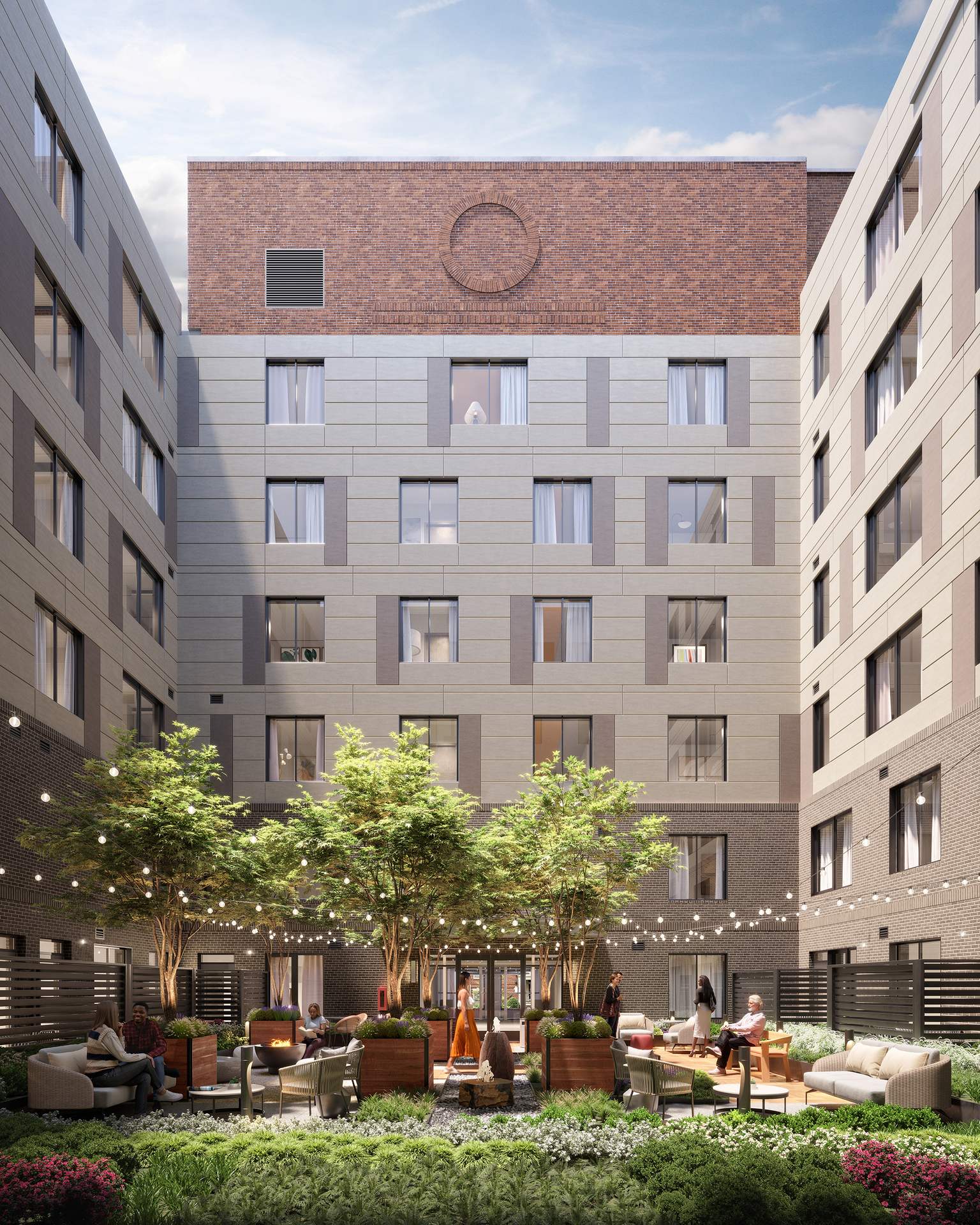 A rendering of the open-air courtyard at the center of the building