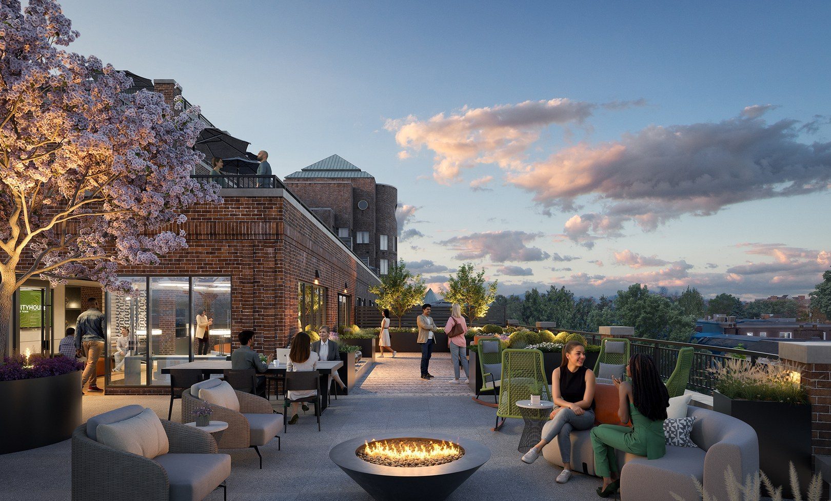 A white rendering of the fourth floor social terrace with seating areas and city views