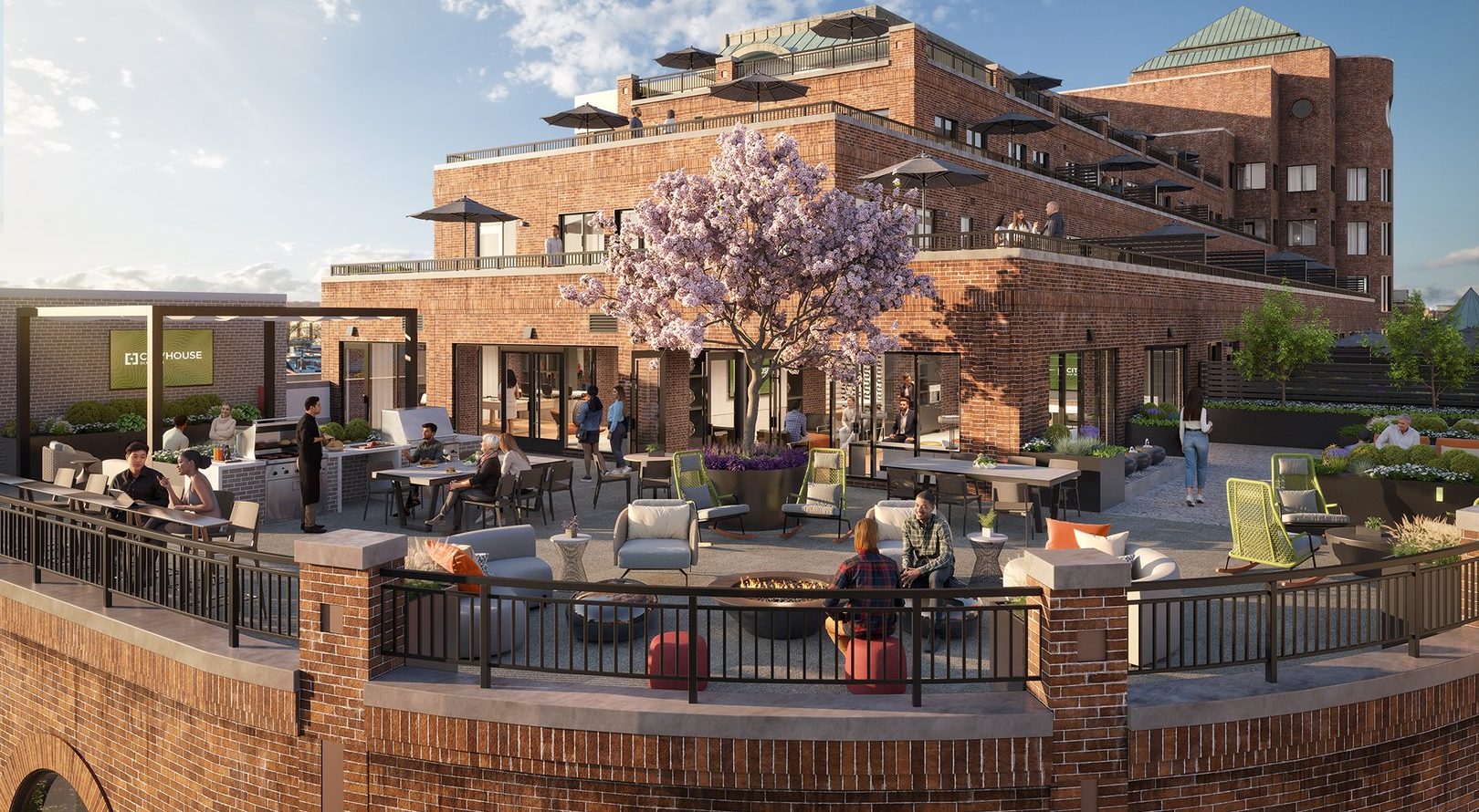 A white rendering of the fourth floor social terrace connected to the indoor clubroom